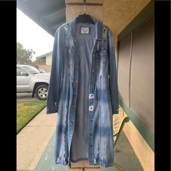 American Bazi Jackets & Blazers - Distressed medium denim long jacket